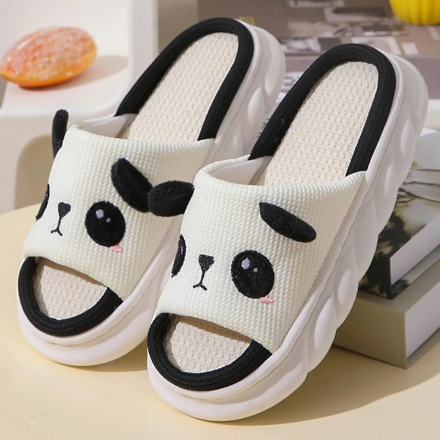 Cute Cartoon Panda Slippers for Women Men Indoor Linen Home Slipper Comfortable Fabric Shoes Summer Sandals Soft Thick Anti Slip Sole Slides