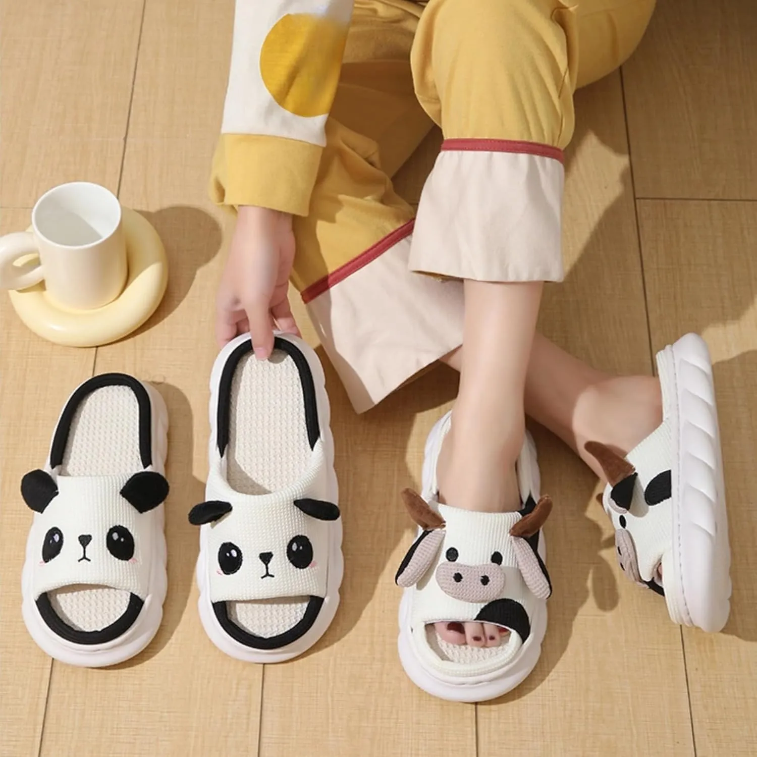 Cute Cartoon Panda Slippers for Women Men Indoor Linen Home Slipper Comfortable Fabric Shoes Summer Sandals Soft Thick Anti Slip Sole Slides