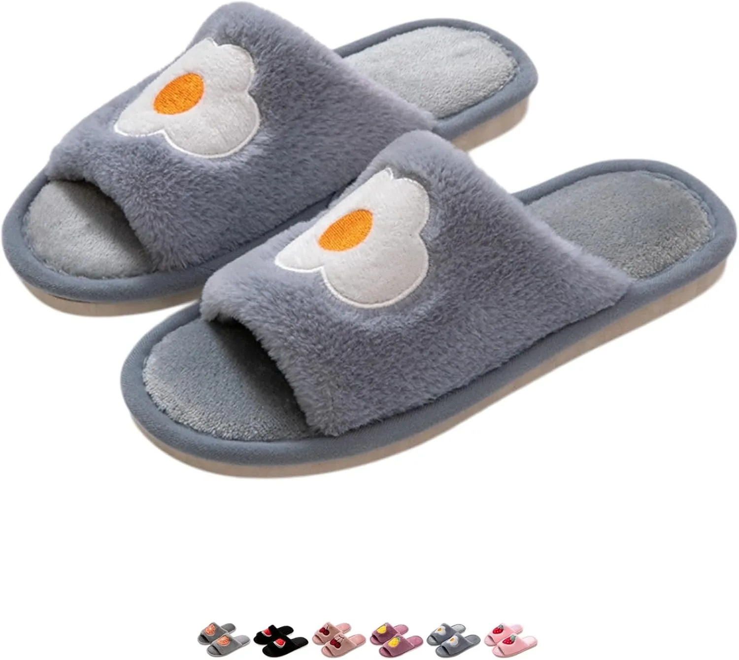 Cute Strawberry Slippers for Women Indoor Home Plush Cotton Cherry Non-Slip Slides Open Toe House Shoes Soft Sole Bedroom