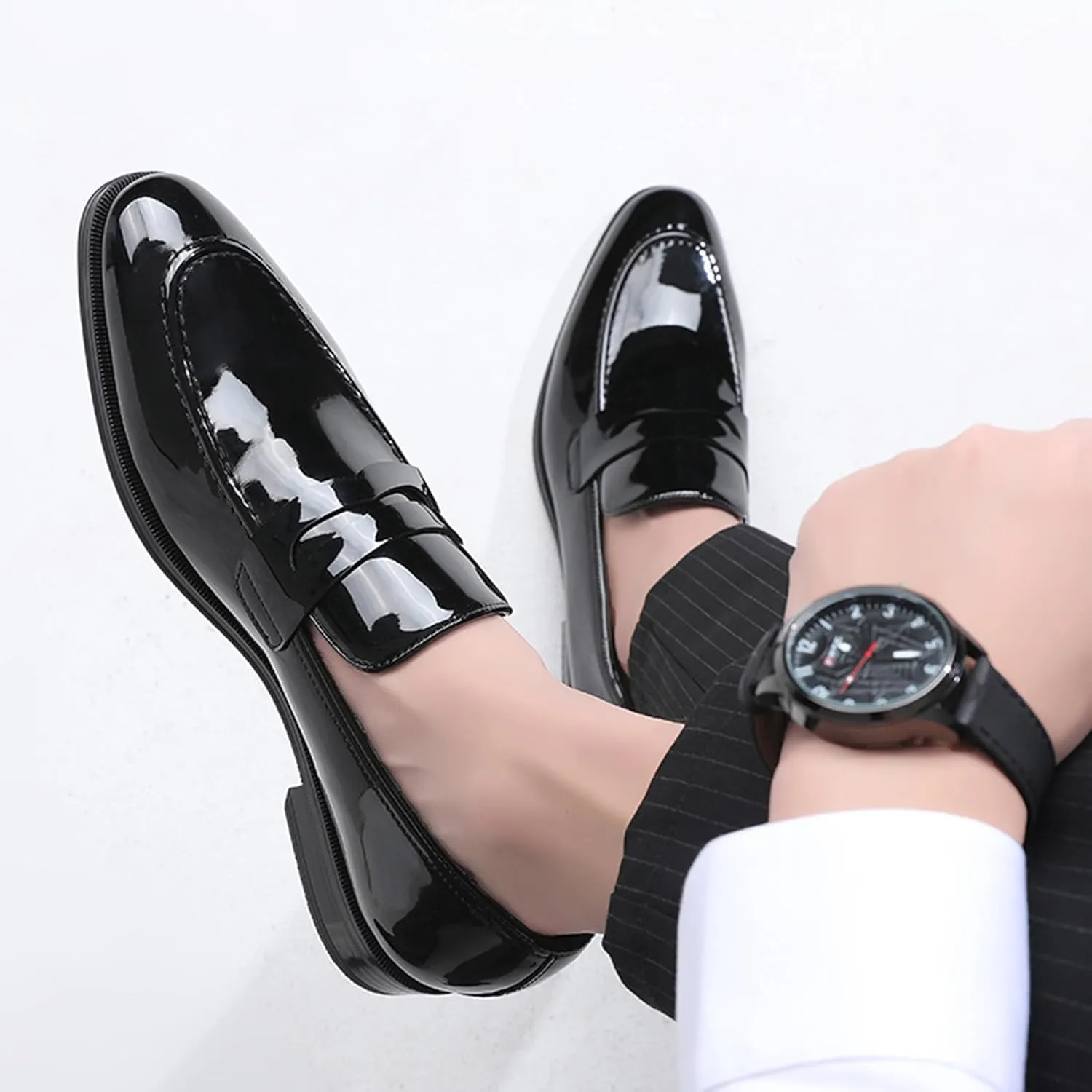 DECARSDZ Mens Slip-On Penny Loafer Casual Dress Shoes Black Wedding Formal Work Pointed Toe Men Tuxedo Shoes