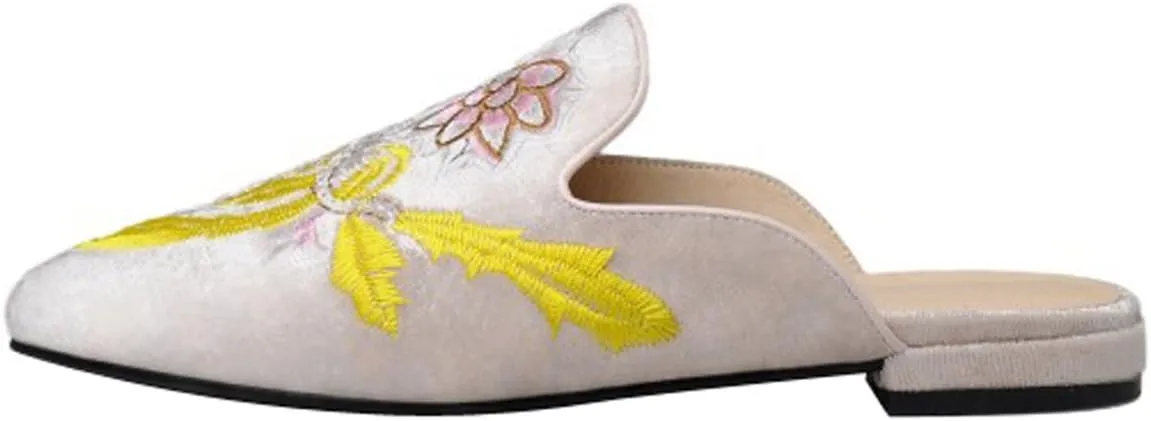 Divanne Loafers for Women, Womens Embroidery Mule Shoes Velvet Backless Slip On Loafers Pointed Toe Flat Mule Slides