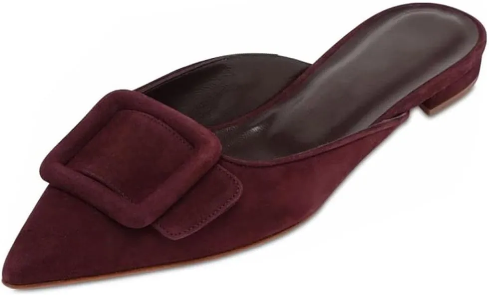Divanne Mules for Women, Buckle Flat Mules Pointed Toe Backless Mule Slides Suede Slip On Loafers