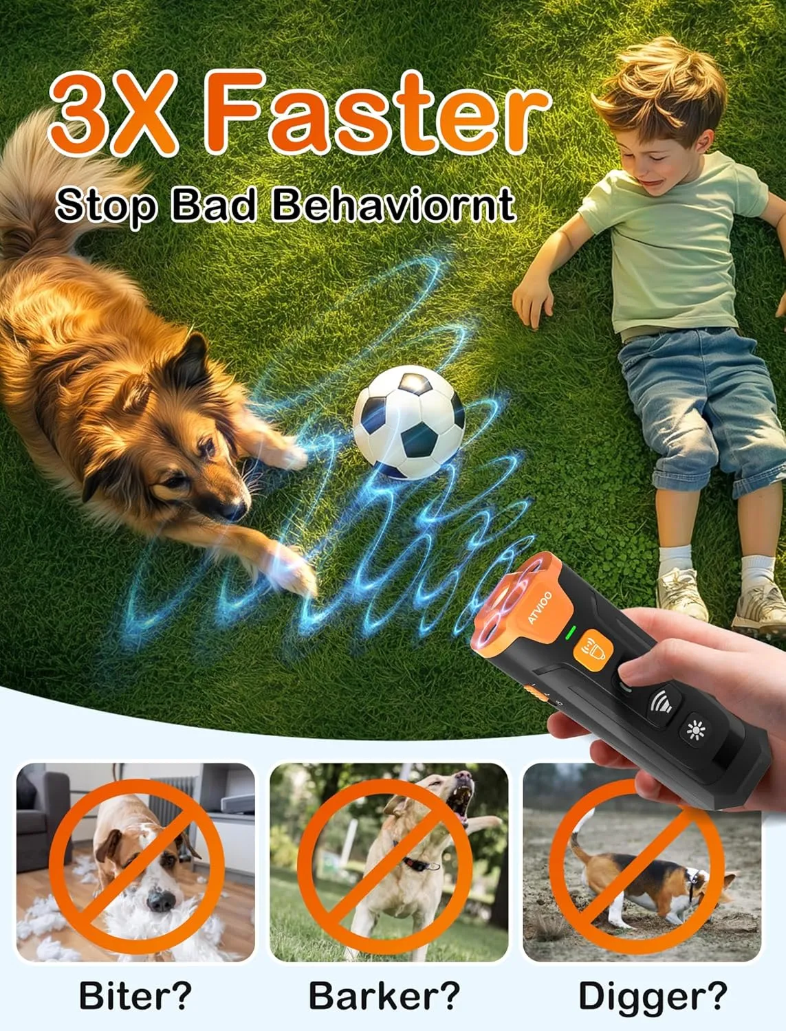 Dog Bark Deterrent Device - Ultrasonic Anti-Barking Devices with 3X Sonic Emitters, Up to 50FT Long Range & Rechargeable Bark Control - Safe for Dogs Training - Indoor & Outdoor (Black)