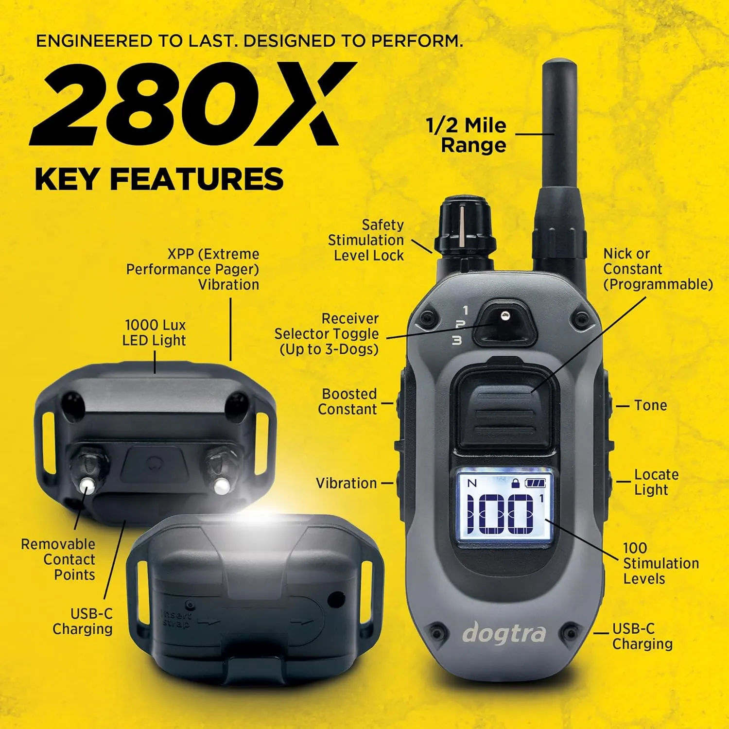 Dogtra 280X 1/2-Mile Range Training 1-Dog E-Collar System with LED Locate Light