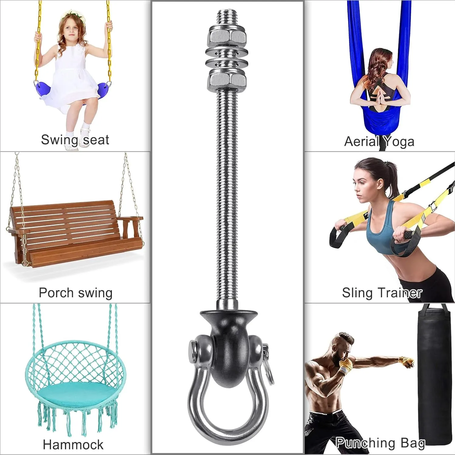 Dolibest Set of 6 Permanent Antirust Stainless Steel 304 Heavy Duty Swing Hangers, Playground Porch Yoga Seat,for Wood and Steel Beam Yoga Hammock Chair Punching 1500LB Capacity,180° Swing,9.64''