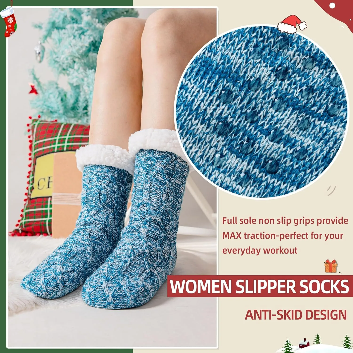 DoSmart Womens Fuzzy Slipper Socks Winter Thermal Snowflake Fleece Lining Christmas Stockings Fluffy Warm Indoor Home Socks