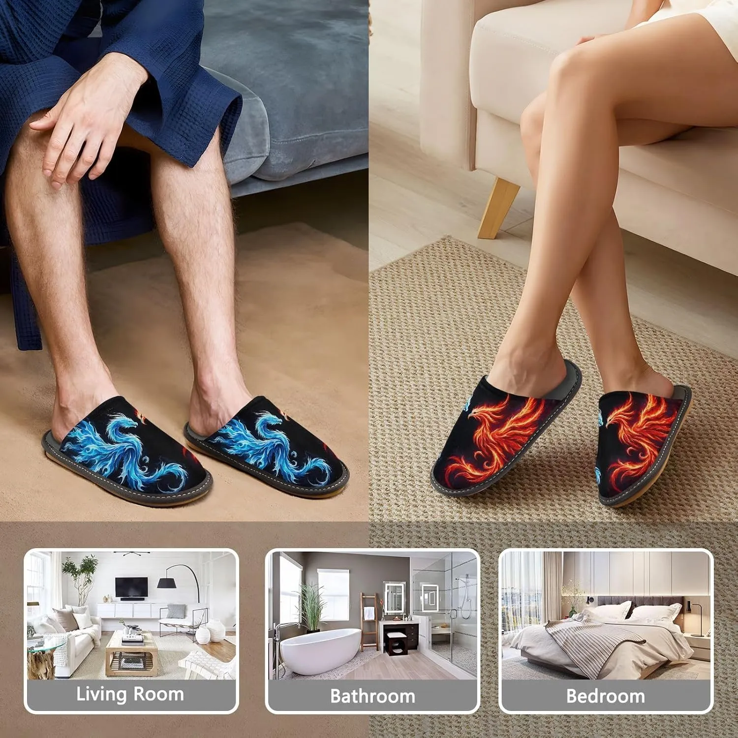 Dragon and Phoenix House Slippers, Non Slip Slippers for Women Men Warm Slippers House Shoes Indoor Outdoor Slippers