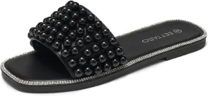 EETTARO Women's Sparkle Pearl Flat Sandals Fashion Square Open Toe Jeweled Slides Slip on Rhinestone Bling Slippers
