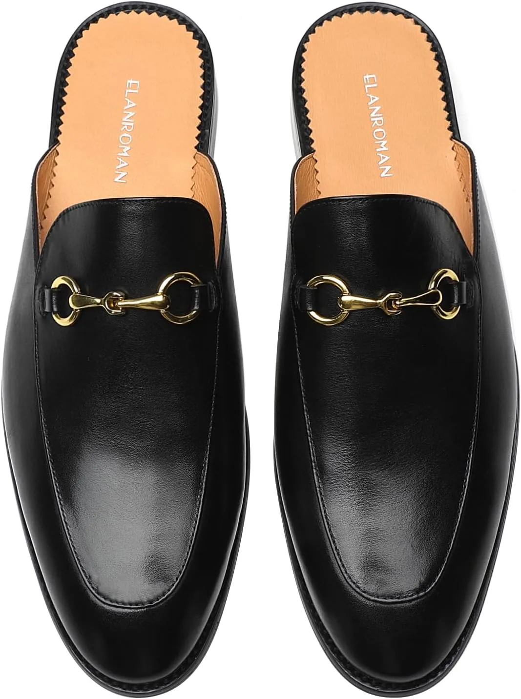 ELANROMAN Men's Loafers Backless Genuine Leather Mules Horse Buckle Shoes