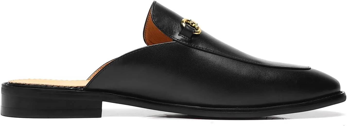 ELANROMAN Men's Loafers Backless Genuine Leather Mules Horse Buckle Shoes