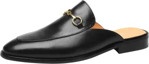 ELANROMAN Men's Loafers Backless Genuine Leather Mules Horse Buckle Shoes