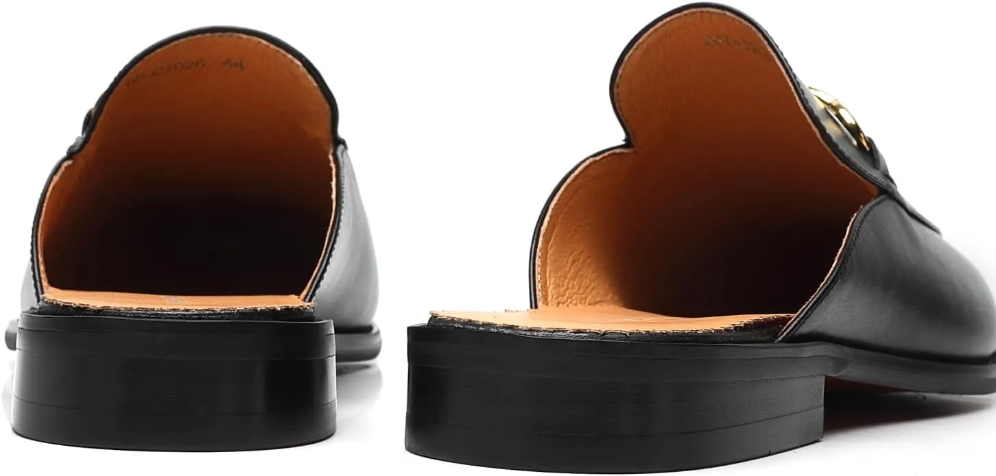 ELANROMAN Men's Loafers Backless Genuine Leather Mules Horse Buckle Shoes