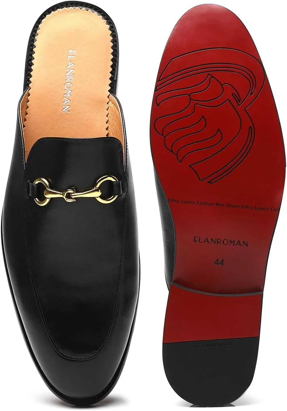 ELANROMAN Men's Loafers Backless Genuine Leather Mules Horse Buckle Shoes