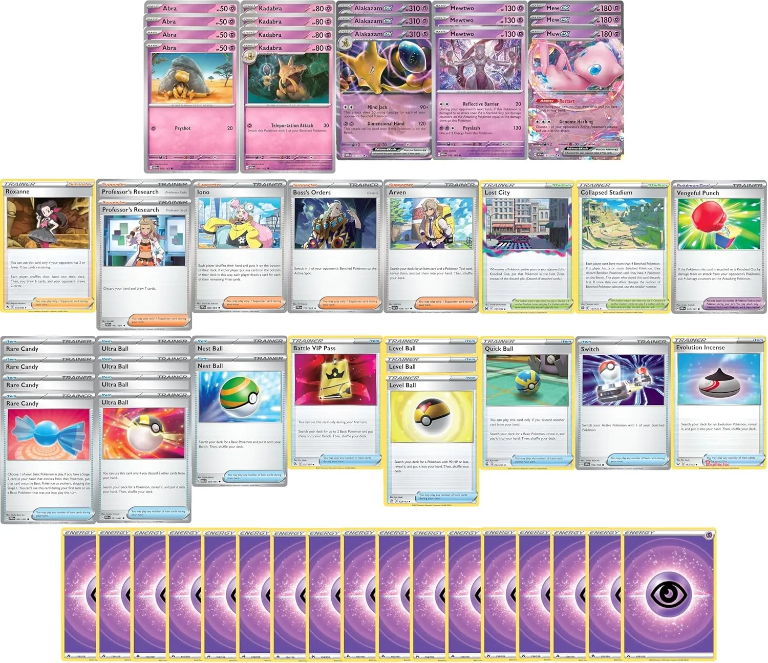 Elite Psychic Deck - Mew Mewtwo - Abra Kadabra Alakazam - Original 151 (gen 1) - Custom Built - 60 Card - MTG Decks & More Compatible with Pokemon TCG!