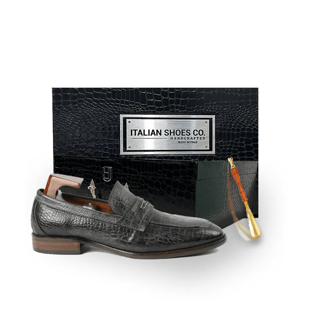 Embossed Matt Black Leather Penny Loafer