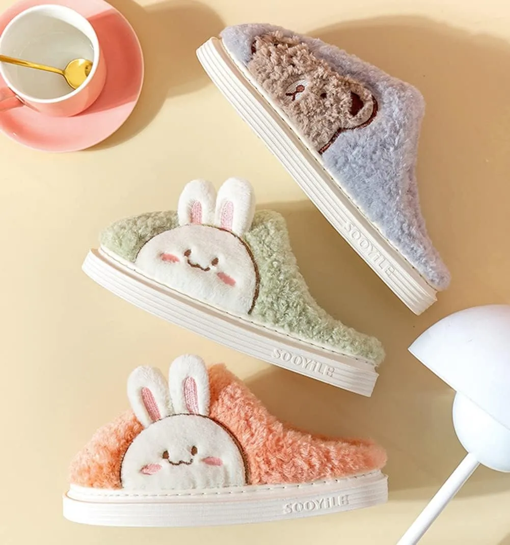 Epsion Women Cute Bunny Slippers Faux Fur Fluffy Winter Slip-On House Slippers Warm Fuzzy Anti-Skid Indoor Outdoor Shoes