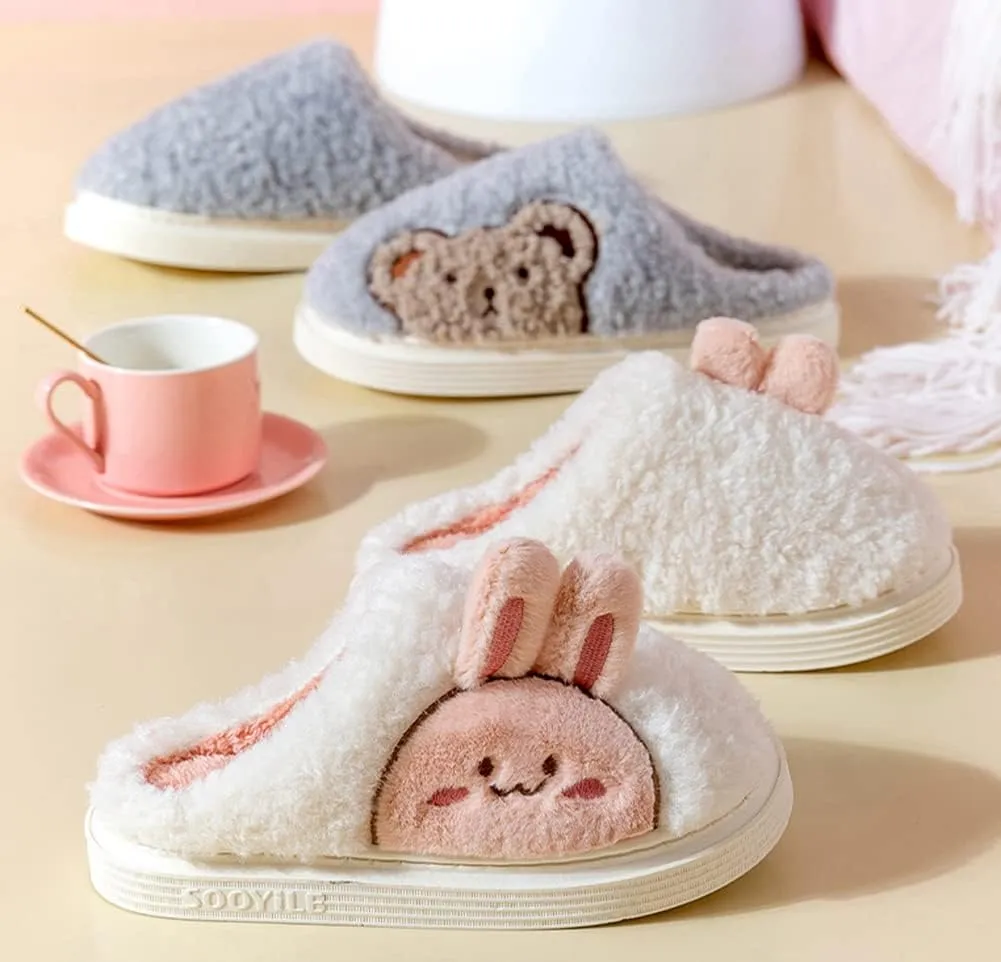 Epsion Women Cute Bunny Slippers Faux Fur Fluffy Winter Slip-On House Slippers Warm Fuzzy Anti-Skid Indoor Outdoor Shoes