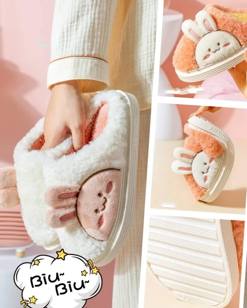 Epsion Women Cute Bunny Slippers Faux Fur Fluffy Winter Slip-On House Slippers Warm Fuzzy Anti-Skid Indoor Outdoor Shoes