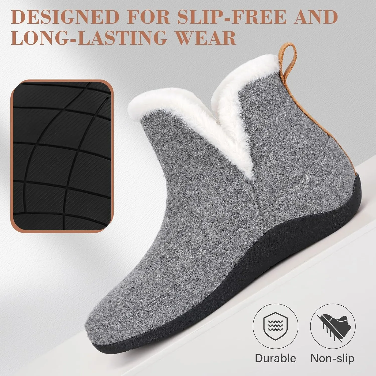 ERGOfoot Slipper Boots With Arch Support for Women Men, Comfy Plantar Fasciitis Orthopedic Slippers for Indoor Outdoor, Wool Felt Slipper Booties with Warm Cozy Plush Faux Fur Lining