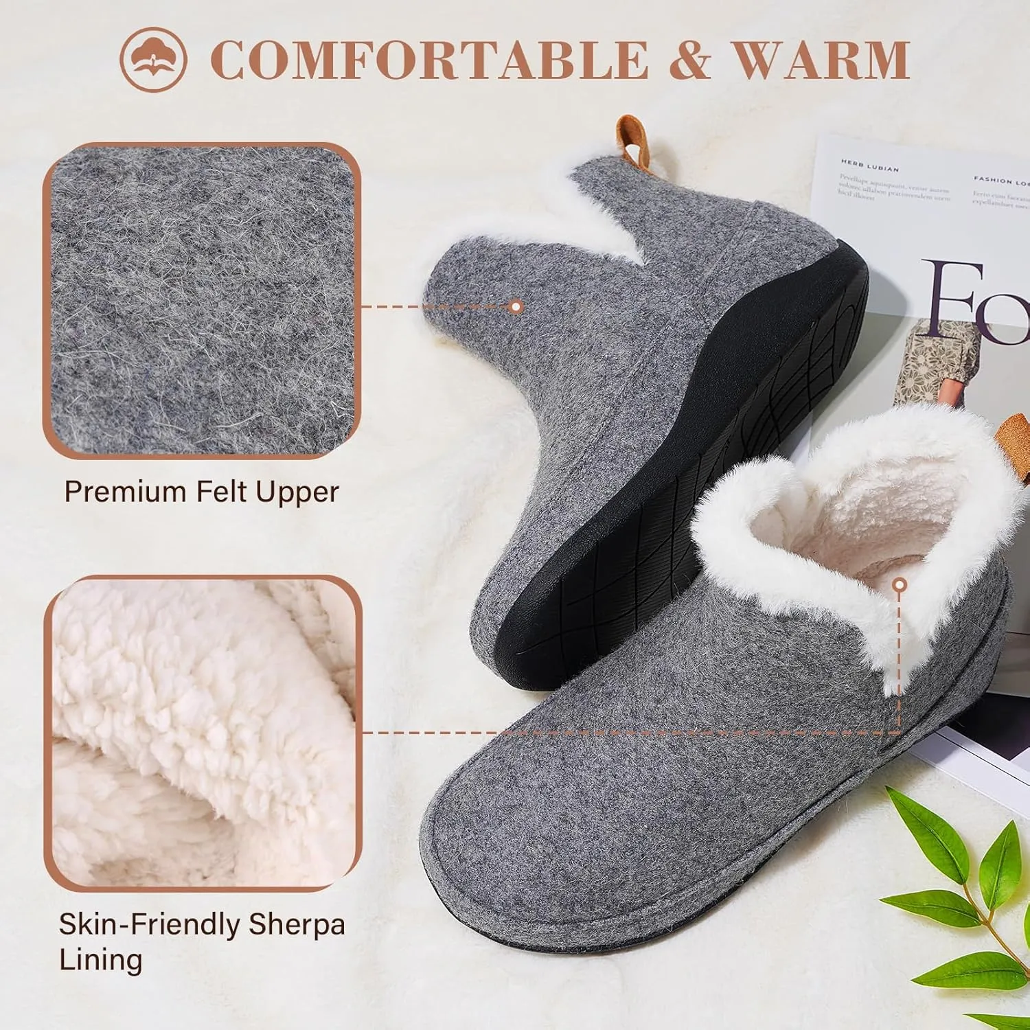 ERGOfoot Slipper Boots With Arch Support for Women Men, Comfy Plantar Fasciitis Orthopedic Slippers for Indoor Outdoor, Wool Felt Slipper Booties with Warm Cozy Plush Faux Fur Lining