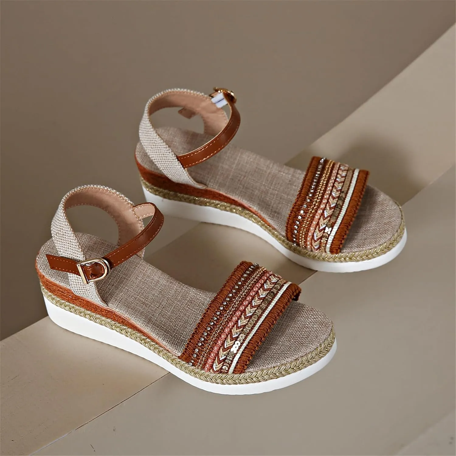 Espadrilles Wedge Sandals for Women Open Toe Dressy Platform Sandals Buckle Ankle Strap Stylish Wedges Comfortable and Soft Footbed