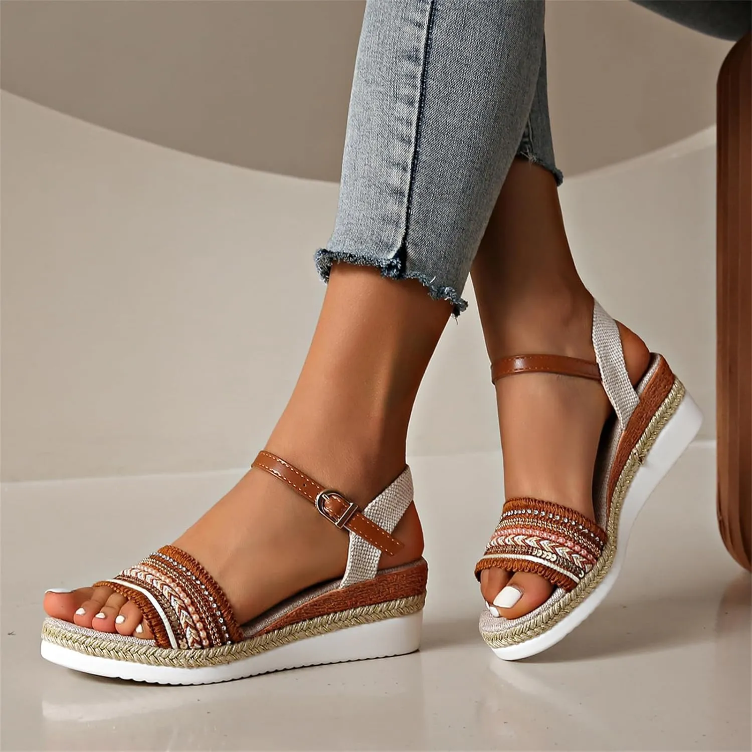 Espadrilles Wedge Sandals for Women Open Toe Dressy Platform Sandals Buckle Ankle Strap Stylish Wedges Comfortable and Soft Footbed