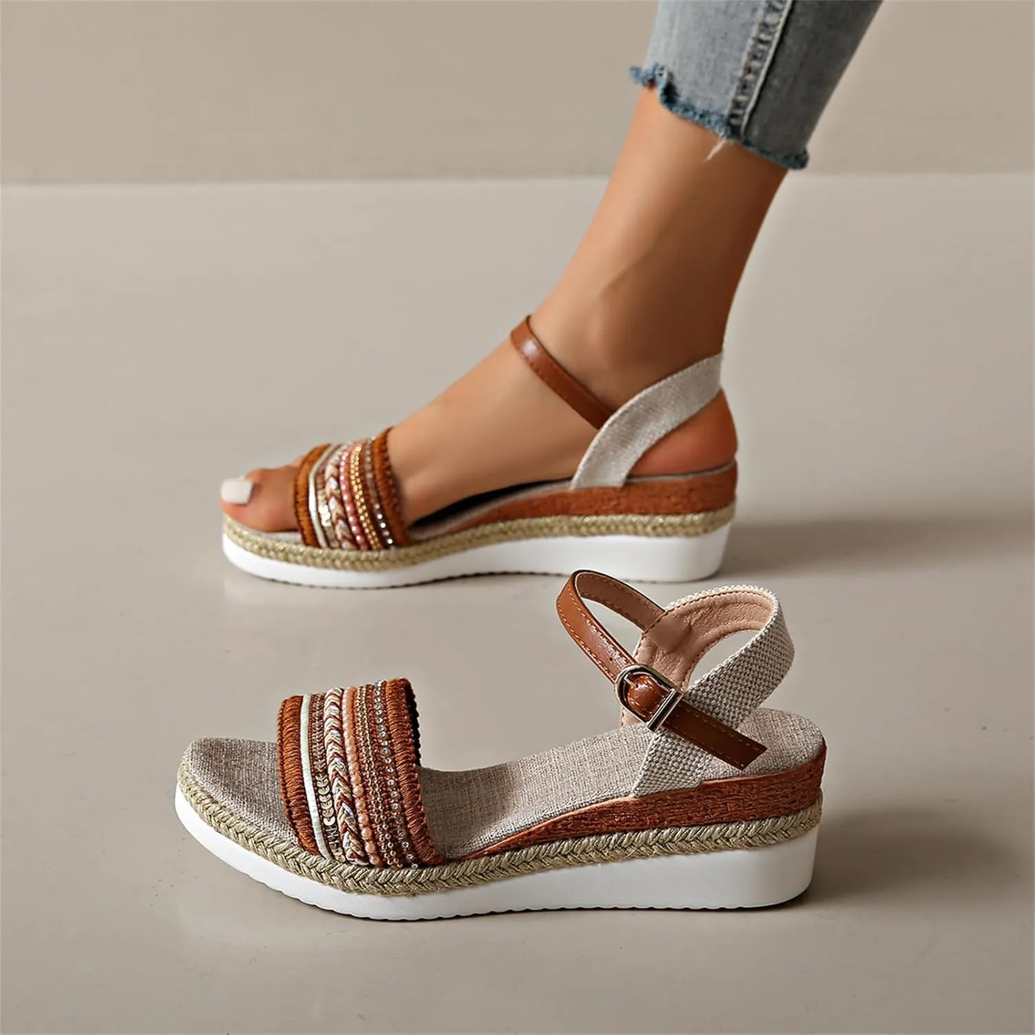Espadrilles Wedge Sandals for Women Open Toe Dressy Platform Sandals Buckle Ankle Strap Stylish Wedges Comfortable and Soft Footbed