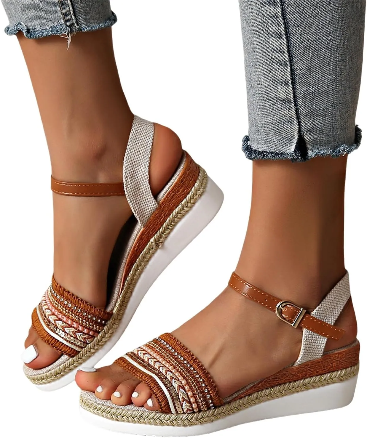 Espadrilles Wedge Sandals for Women Open Toe Dressy Platform Sandals Buckle Ankle Strap Stylish Wedges Comfortable and Soft Footbed