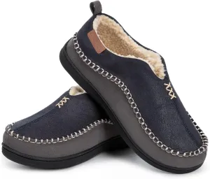 EverFoams Men's Moccasin Slippers Memory Foam Indoor/Outdoor Warm Suede House Shoes with Fuzzy Sherpa Lining