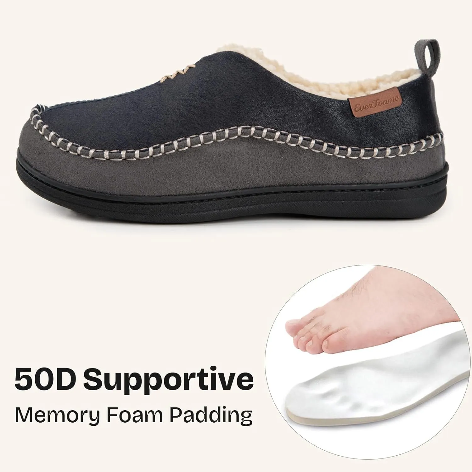 EverFoams Men's Moccasin Slippers Memory Foam Indoor/Outdoor Warm Suede House Shoes with Fuzzy Sherpa Lining