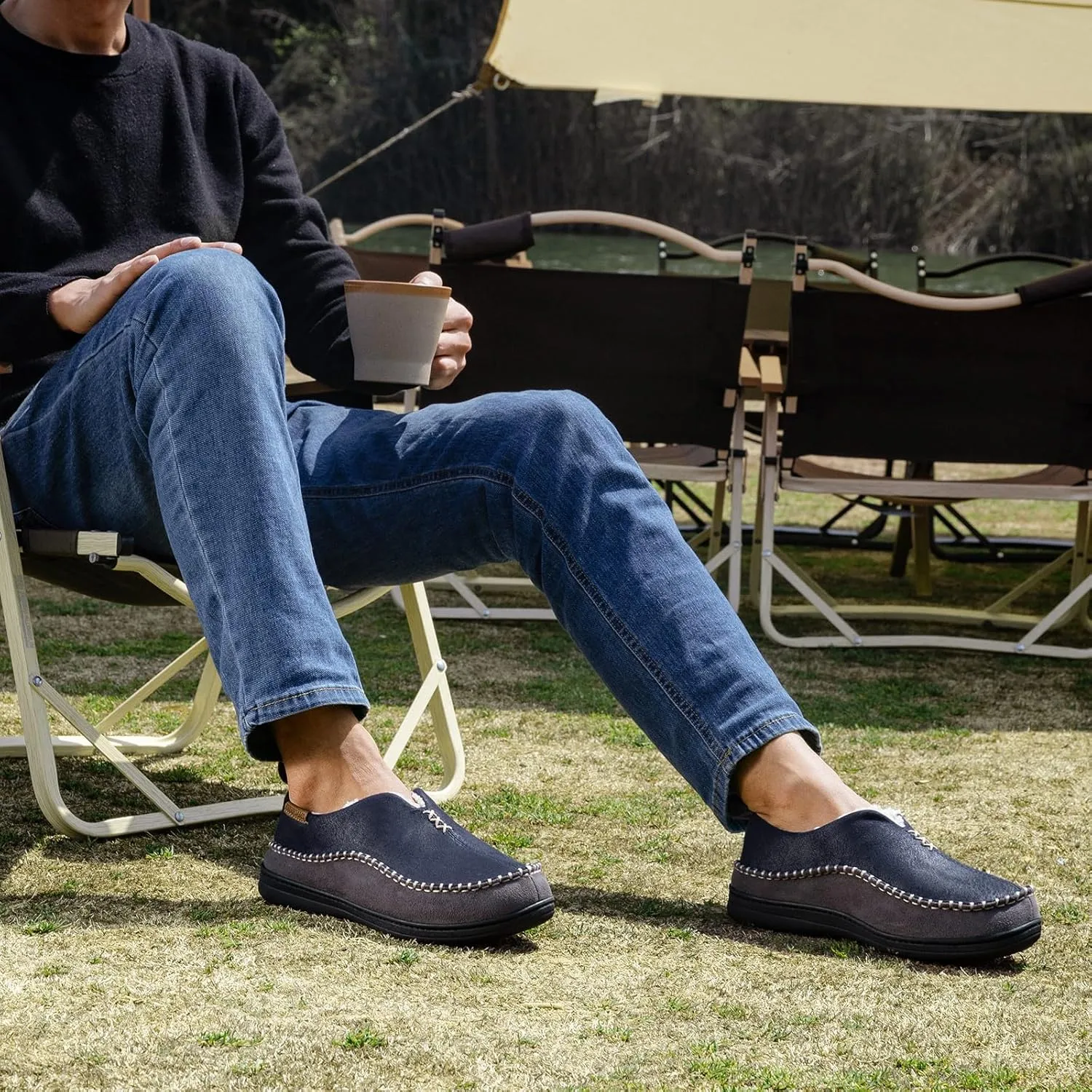 EverFoams Men's Moccasin Slippers Memory Foam Indoor/Outdoor Warm Suede House Shoes with Fuzzy Sherpa Lining
