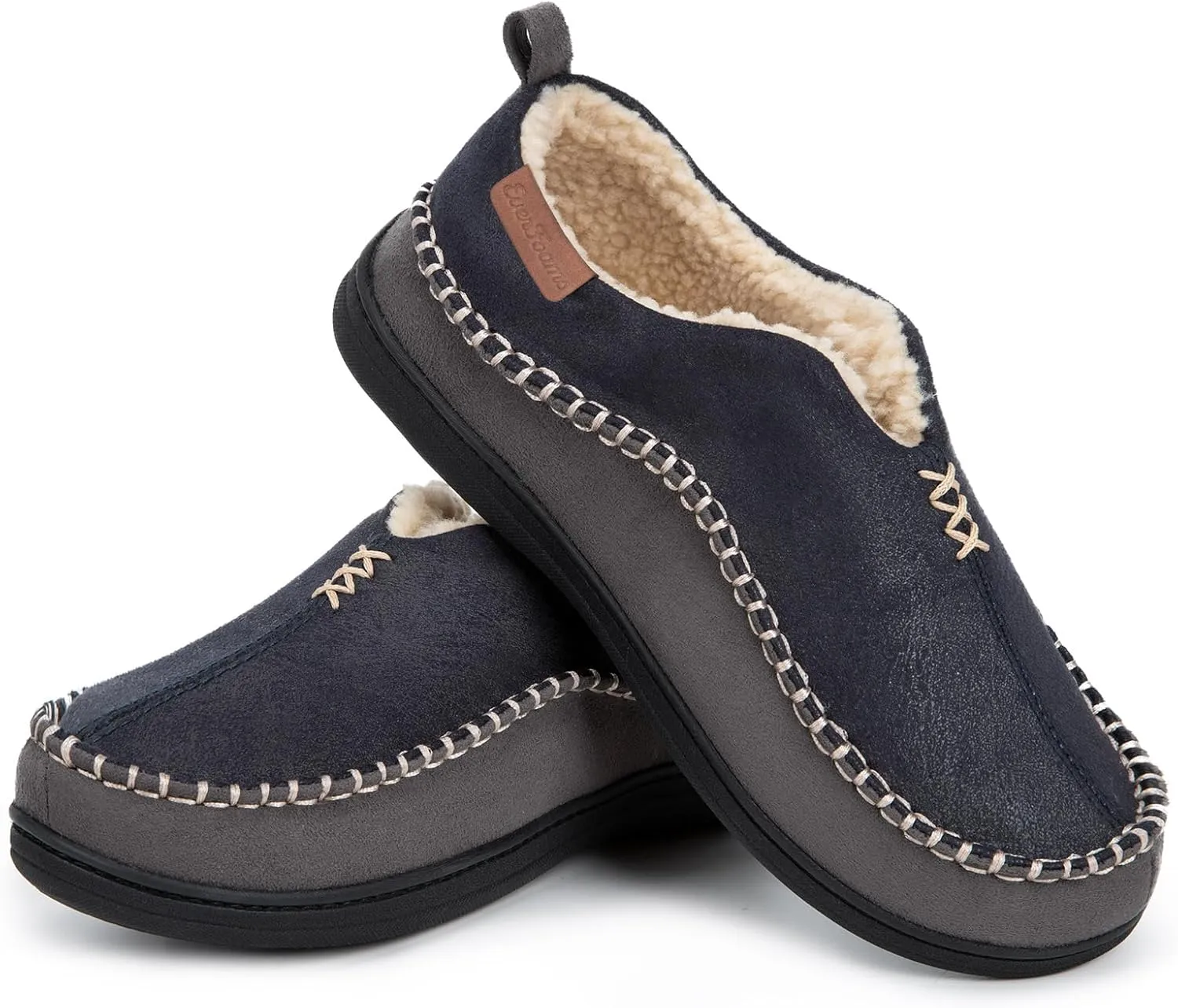 EverFoams Men's Moccasin Slippers Memory Foam Indoor/Outdoor Warm Suede House Shoes with Fuzzy Sherpa Lining