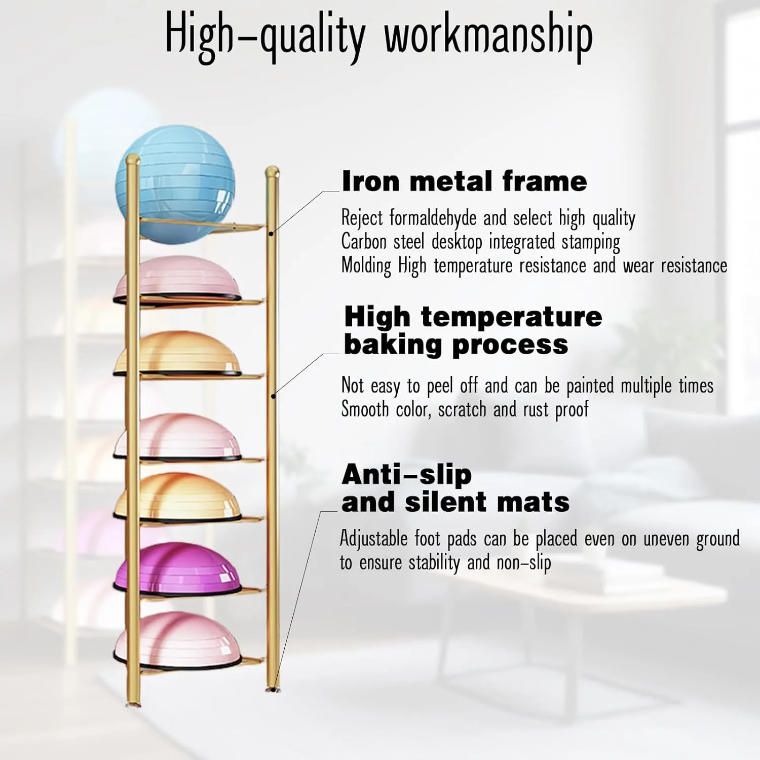 Exercise Equipment Rack - Multi-Level Organizer for Gym & Home, Thickened Steel Frame with Adjustable Non-Slip Pads, Gold, 3 Layers