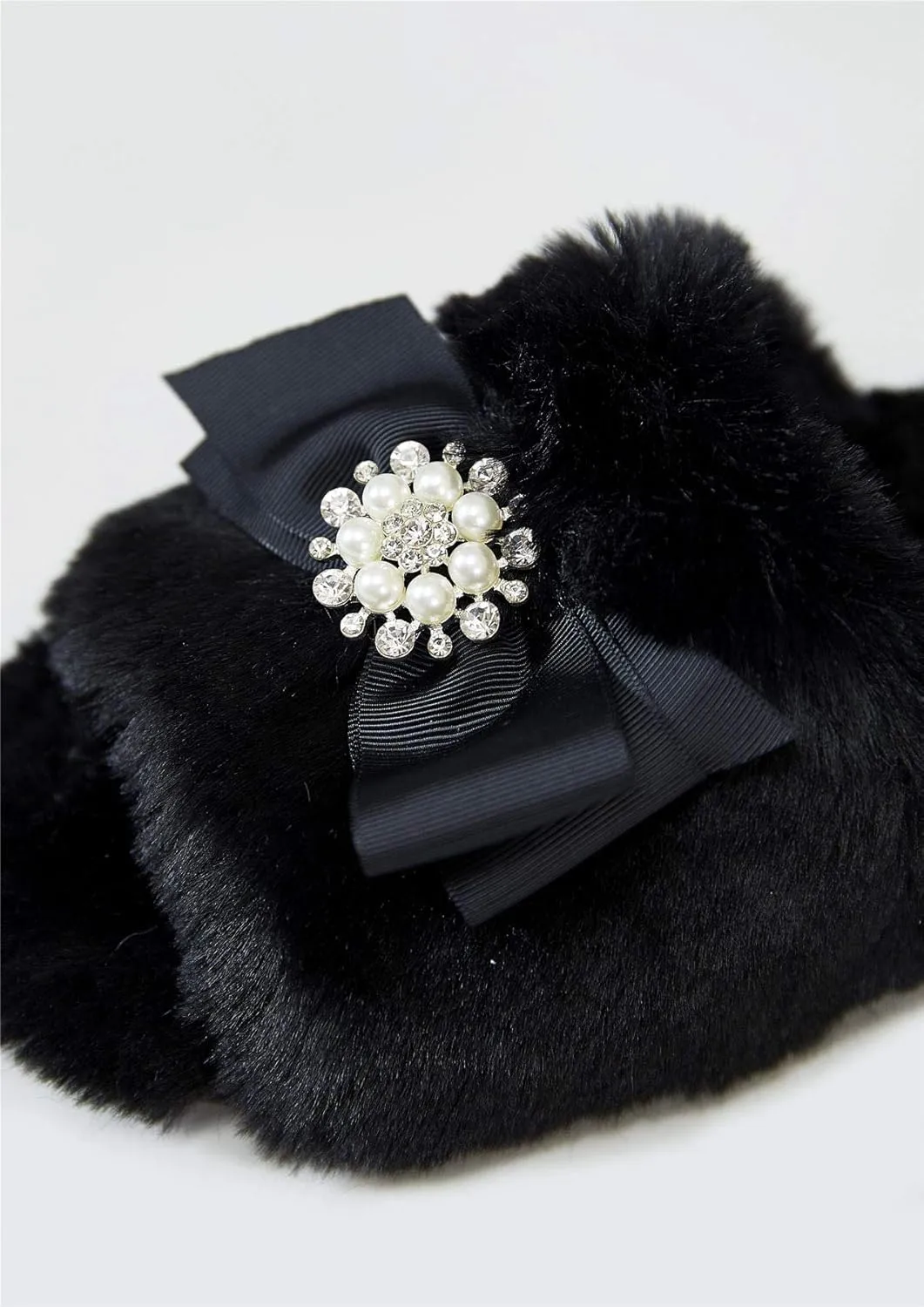 Faux Fur Bow Slippers with Rhinestones - Open Toe House Slides in Black (sizes Small to XLarge)
