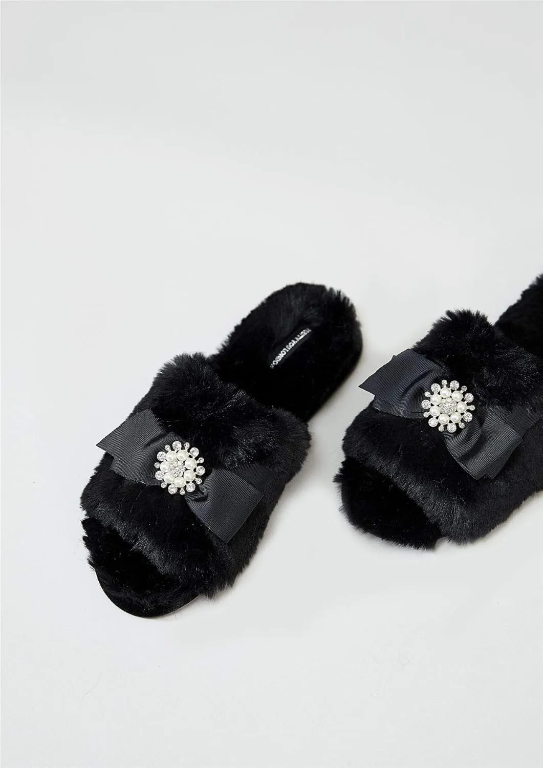 Faux Fur Bow Slippers with Rhinestones - Open Toe House Slides in Black (sizes Small to XLarge)