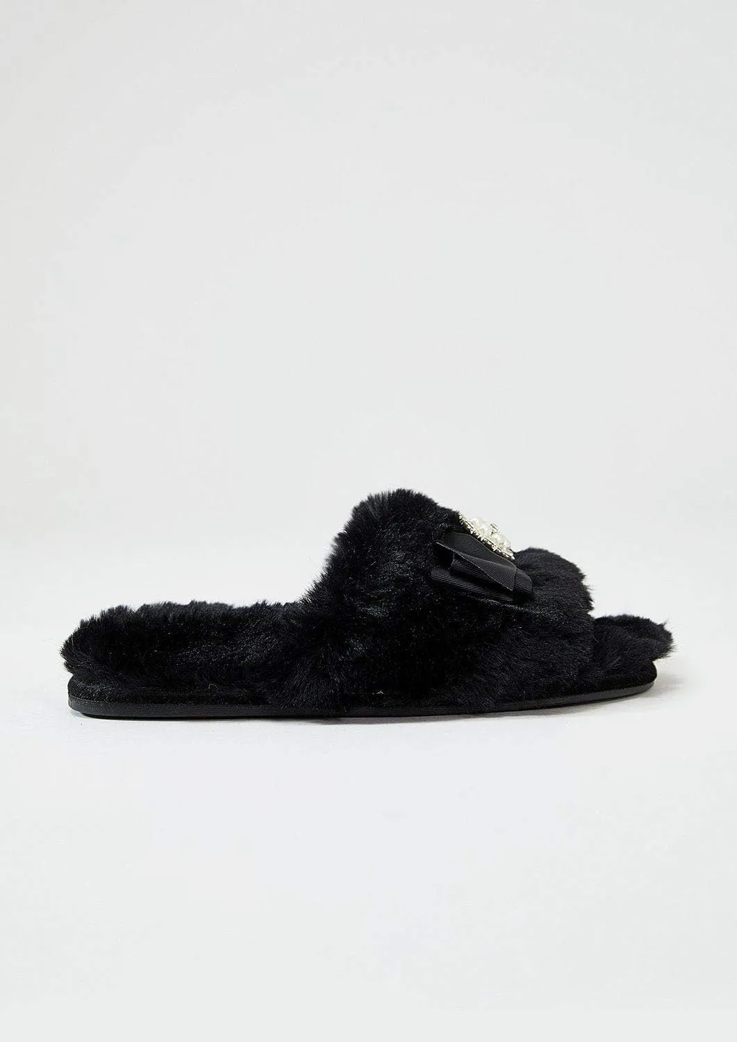 Faux Fur Bow Slippers with Rhinestones - Open Toe House Slides in Black (sizes Small to XLarge)