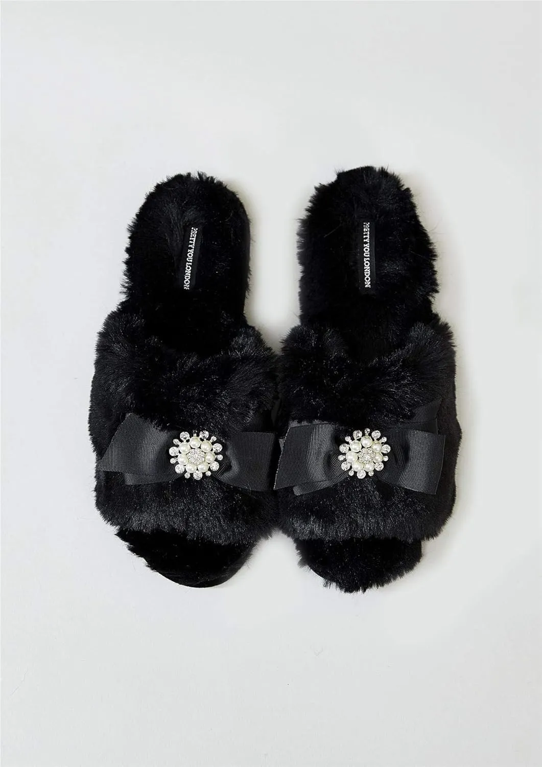 Faux Fur Bow Slippers with Rhinestones - Open Toe House Slides in Black (sizes Small to XLarge)