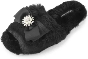 Faux Fur Bow Slippers with Rhinestones - Open Toe House Slides in Black (sizes Small to XLarge)
