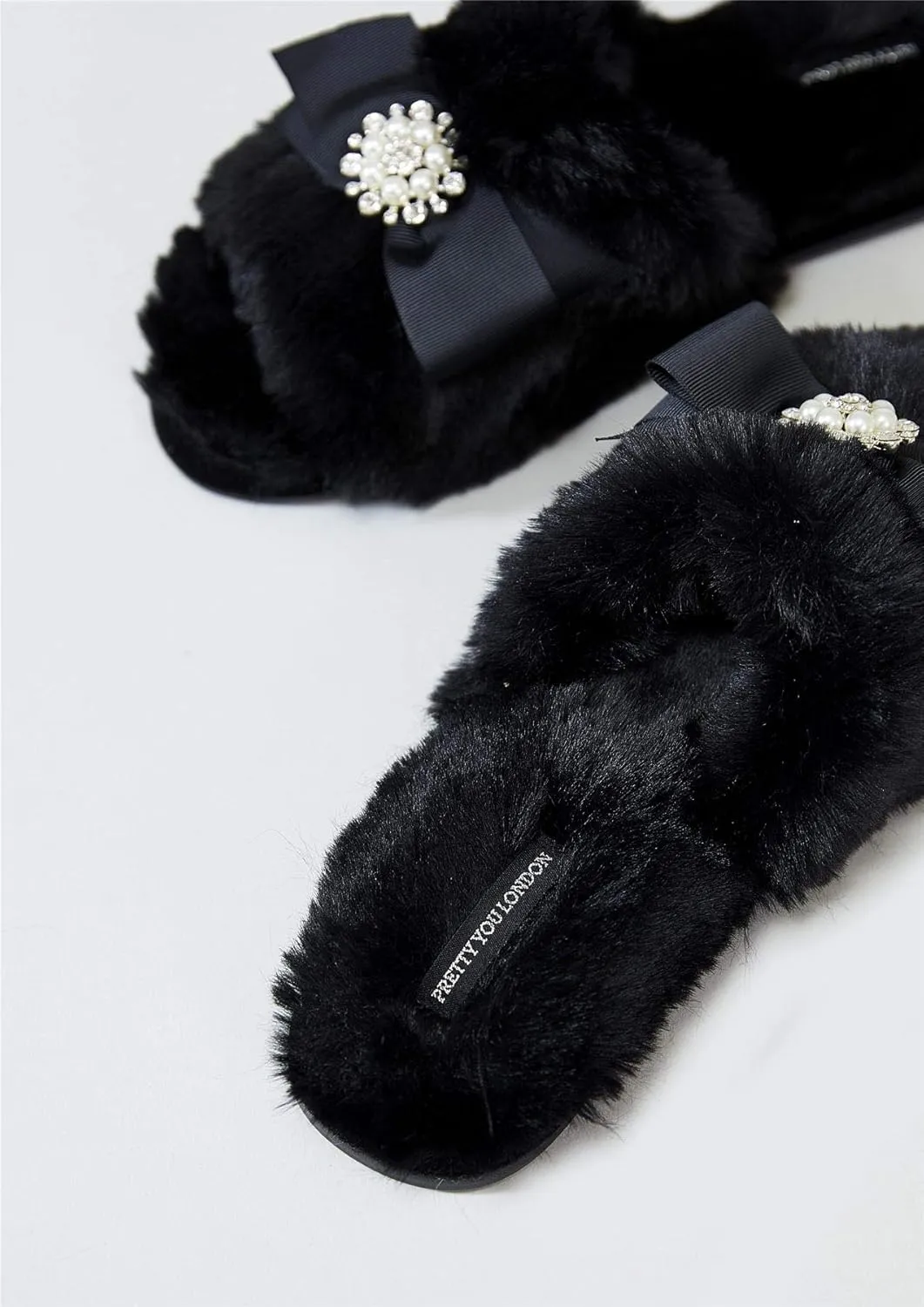 Faux Fur Bow Slippers with Rhinestones - Open Toe House Slides in Black (sizes Small to XLarge)