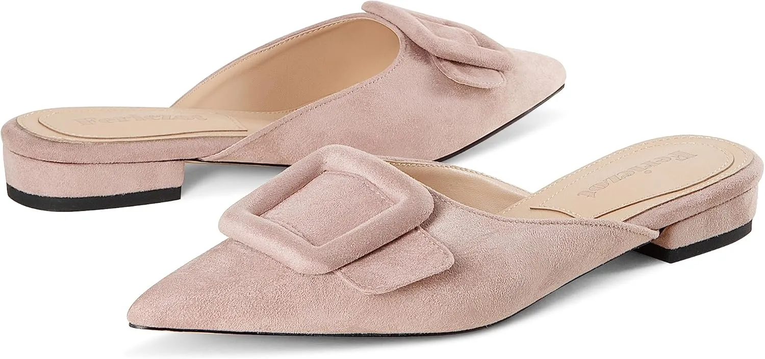 Fericzot Mule Slippers for Women,Slingback Buckle Flat Pointed Toe Backless Mule Slides Suede Slip On Loafers