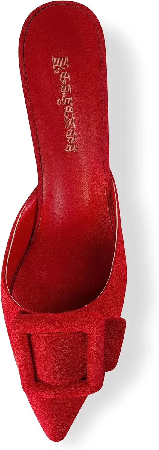 Fericzot Mule Slippers for Women,Slingback Buckle Pumps Pointed Toe Kitten Heels Shoes Slides Backless Dress Sandals