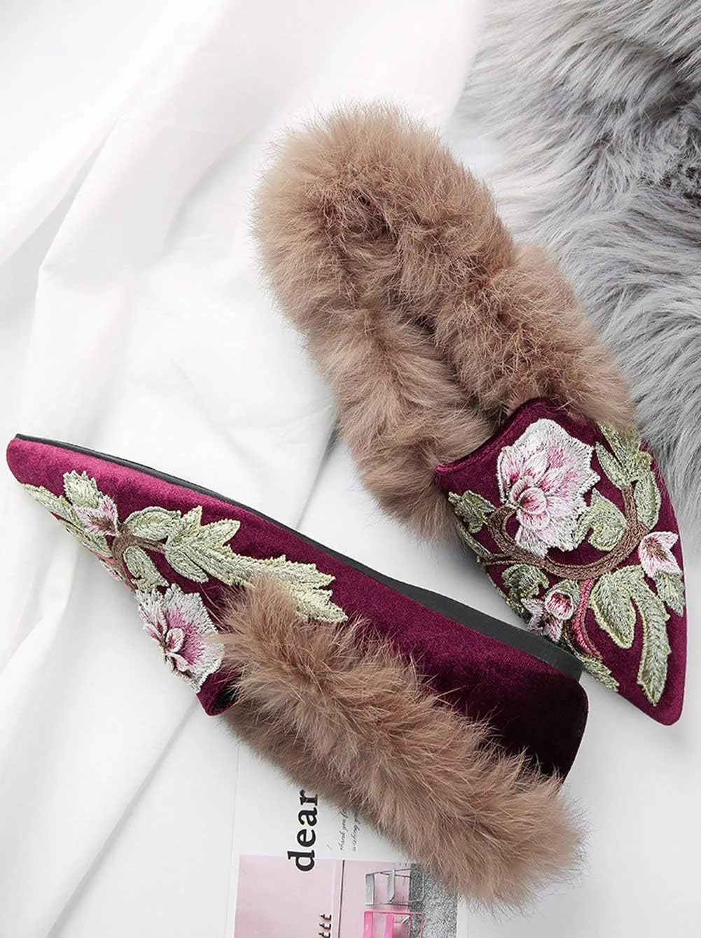 Fericzot Slip On Loafers Womens Embroidery Mule Shoes with Plush Lamb Fur Velvet Slippers Backless Pointed Toe Mule Slides