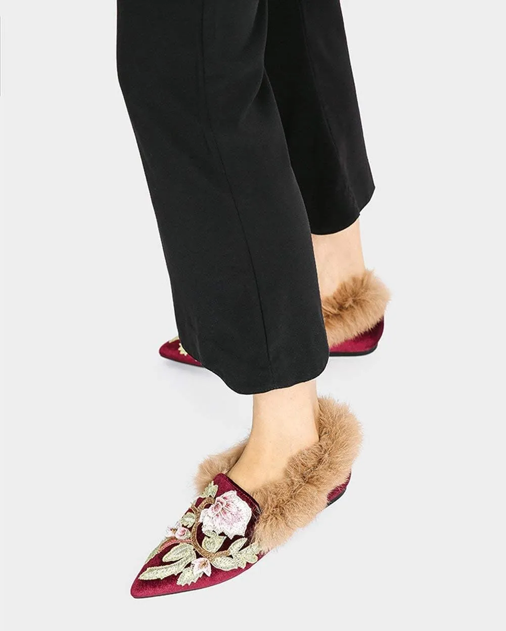 Fericzot Slip On Loafers Womens Embroidery Mule Shoes with Plush Lamb Fur Velvet Slippers Backless Pointed Toe Mule Slides
