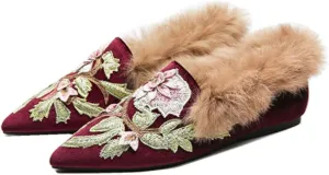 Fericzot Slip On Loafers Womens Embroidery Mule Shoes with Plush Lamb Fur Velvet Slippers Backless Pointed Toe Mule Slides