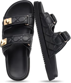 FITORY Women's Flat Sandals Classic Adjustable Double Strap with Cushioned Footbed for Summer Size 6-11
