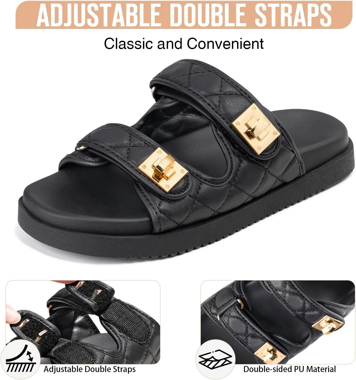 FITORY Women's Flat Sandals Classic Adjustable Double Strap with Cushioned Footbed for Summer Size 6-11
