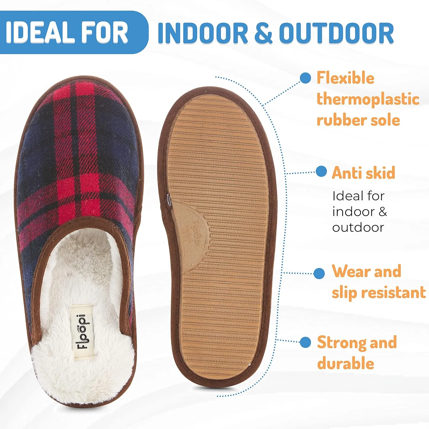 Floopi Slippers for Women Kelly Indoor Outdoor Plaid Faux Sherpa Fur Lined Scuff Slipper W/Memory Foam