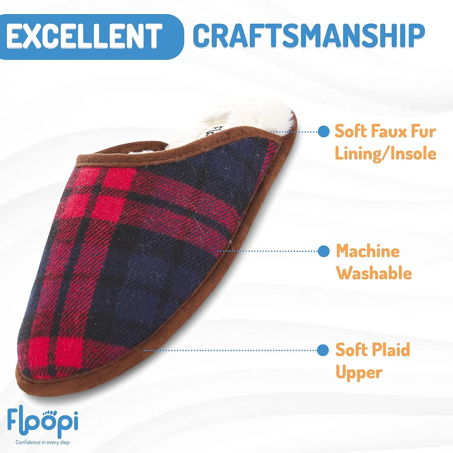Floopi Slippers for Women Kelly Indoor Outdoor Plaid Faux Sherpa Fur Lined Scuff Slipper W/Memory Foam