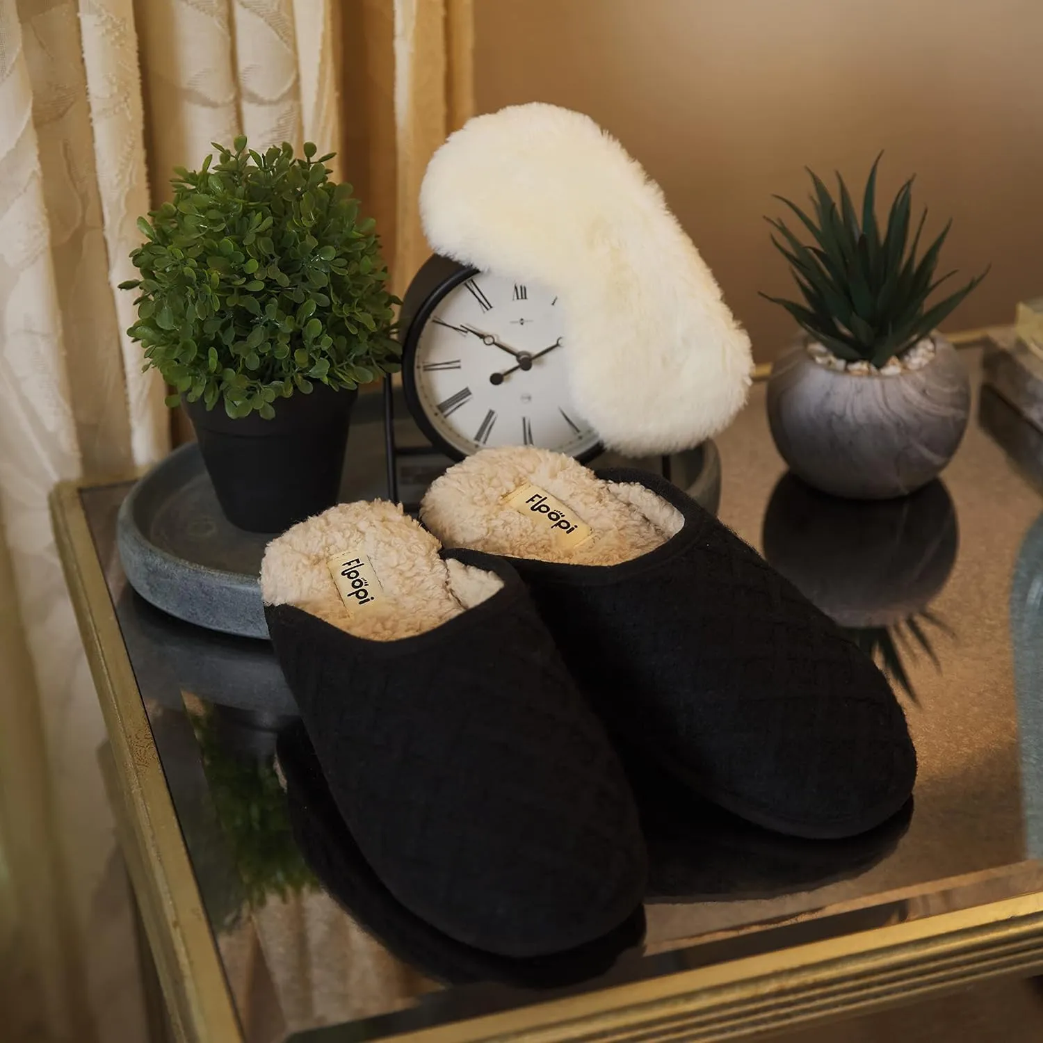 Floopi Slippers for Women Kelly Indoor Outdoor Plaid Faux Sherpa Fur Lined Scuff Slipper W/Memory Foam