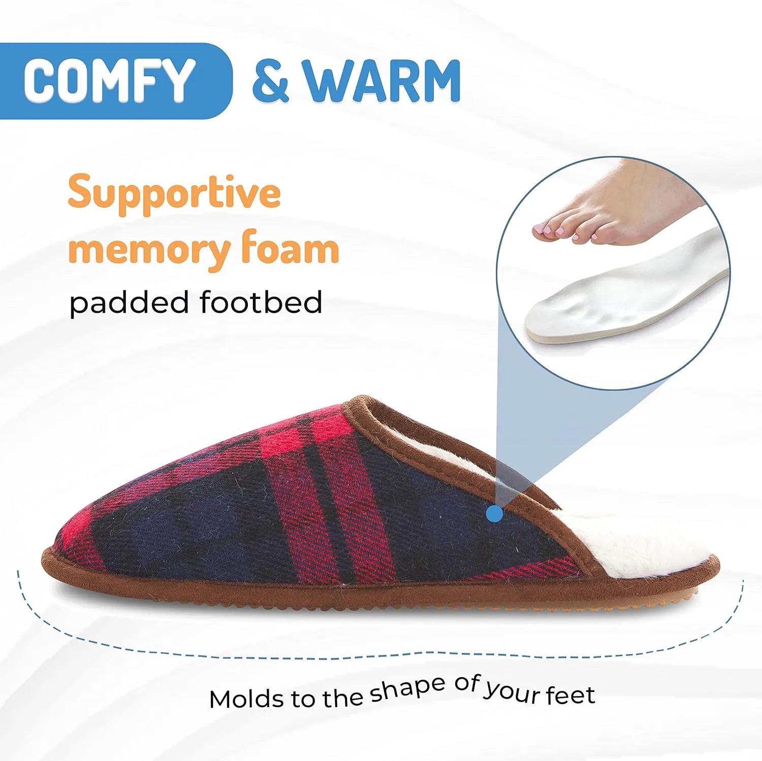 Floopi Slippers for Women Kelly Indoor Outdoor Plaid Faux Sherpa Fur Lined Scuff Slipper W/Memory Foam